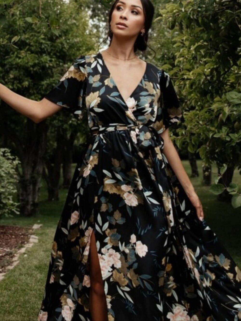 Baltic Born Sicily Satin Maxi Dress in Black - Floral Women’s Dress